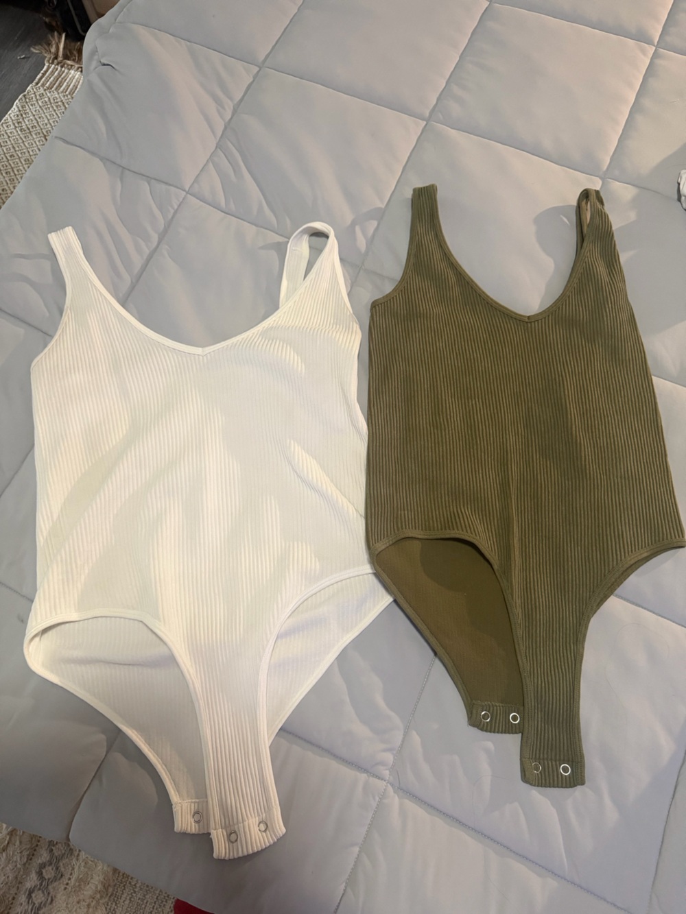 Ribbed Square Neck Bodysuit - Olive Green and White